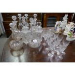 A quantity of glass decanters, 11 Stuart glasses and a jug