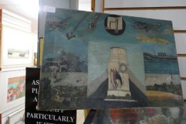 An unframed oil of WWI scenes, the central panel painted Cenotaph