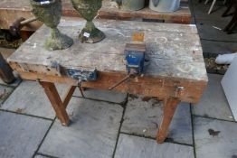 Vintage pine workshop bench mounted with vice and a black and decker work bench