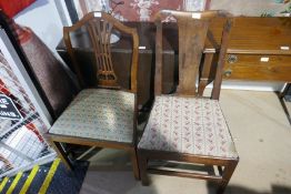 Oval oak gate log table and three mahogany framed chairs and a runner