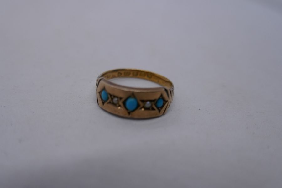 Antique 22ct yellow gold band ring inset with turquoise and seed pearls, marked 22, size L, 2g appro - Image 4 of 6