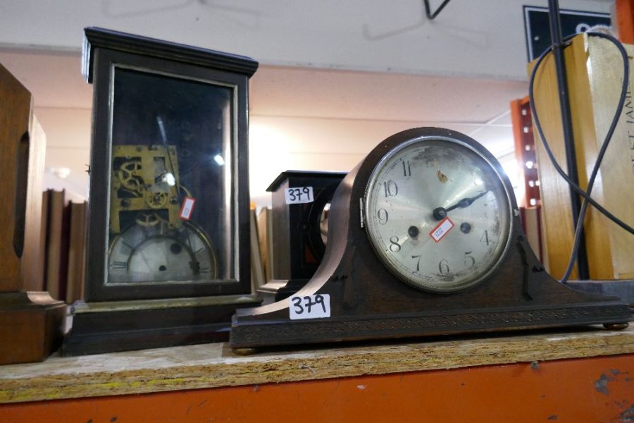 A mahogany cased mantle clock and 1930's oak example and two other clock cases - Image 5 of 10