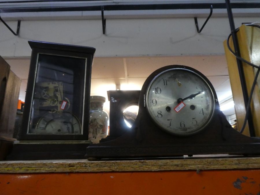 A mahogany cased mantle clock and 1930's oak example and two other clock cases - Image 9 of 10