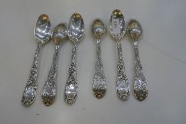 A set of six heavy, decorative Tiffany & Co silver teaspoons, pretty, floreated lot, of high quality
