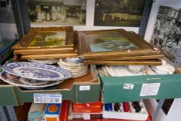 Two trays of mixed China including blue and white, Wedgwood and a selection of small framed oil pain