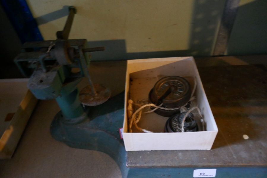 Set of green finished vintage weighing scales and some weights - Image 2 of 4