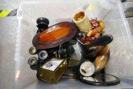 Box of collectables including bony backed mirror, mantle clock, ebony elephants etc