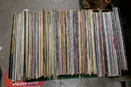 Crate containing LPs including movie soundtracks, Paul McCartney, Olivia Newton John, etc