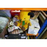 Three boxes of china and glass including Daulton, sooty teddy, west port crystal etc