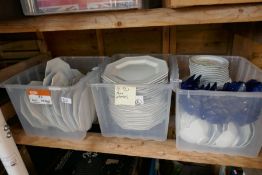 Large collection of plain dinner ware, cutlery, glasses, etc and a box of mixed china