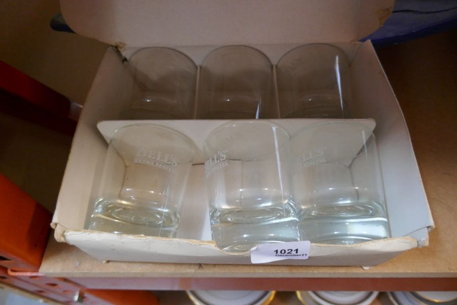 Six boxed bells branded whisky tumblers