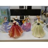 A selection of 8 Royal Doulton figures depicting ladies in fine dress: Kathy, Sapphire, Kirsty & Atu