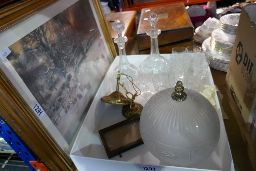 Box of glassware including light shades, decanters etc and pictures