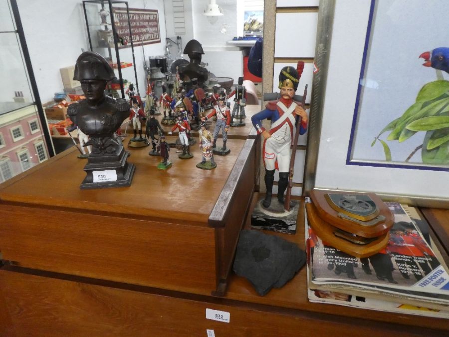 A small quantity of Napoleonic lead soldiers by Tradition, a bronze style bust of Nelson and sundry