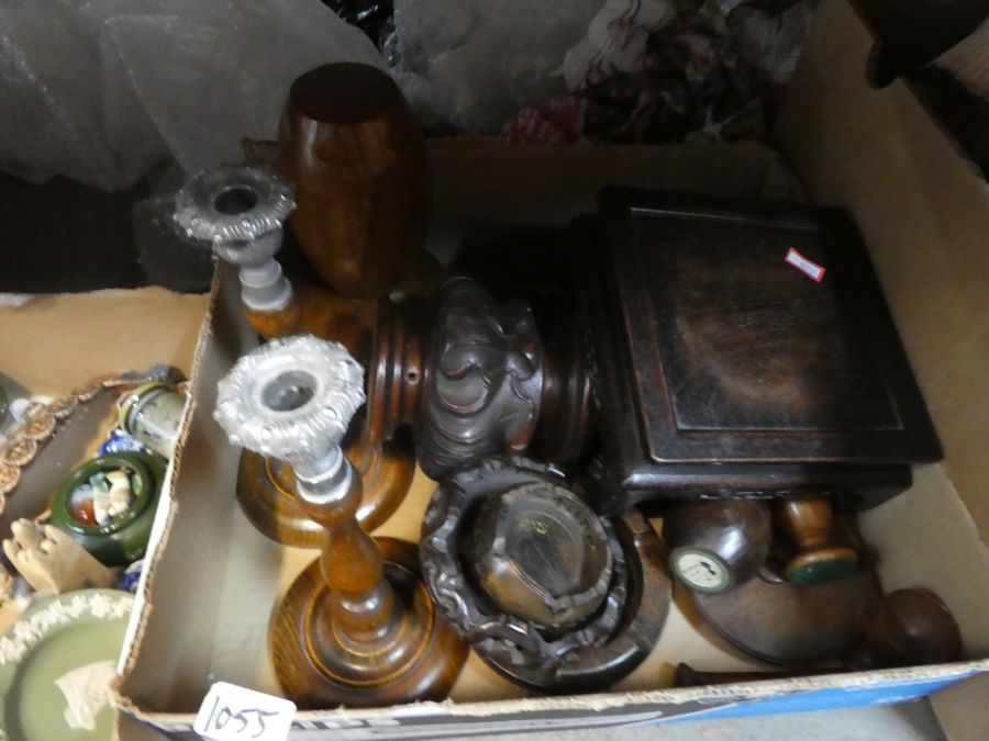 A selection of collectable china including crestedware and a box of treen including candlesticks - Image 2 of 2