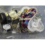 Box of costume jewellery including watches, silver jewellery etc and Waterford crystal ring holder
