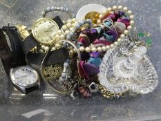 Box of costume jewellery including watches, silver jewellery etc and Waterford crystal ring holder