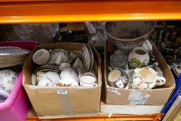 Five boxes of mixed ceramics, and glass to include Spode, Derby, Royal Albert, Doulton figurines, Ro