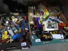 Two boxes of play worn toys, cars, including Dinky and Corgi, etc