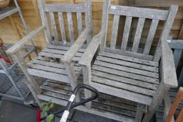 Weathered teak garden bench and 2 matching armchairs