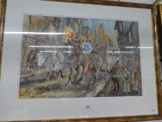 Alan Langford, A watercolour of medieval style soldiers on horse back in street scene, 51.5 x 34cm