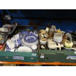 Four boxes of ceramics, glassware, including blue and white, steins, French mantle clocks, models of