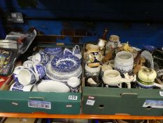 Four boxes of ceramics, glassware, including blue and white, steins, French mantle clocks, models of