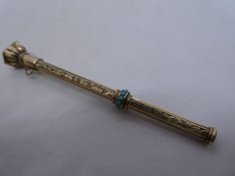 Yellow metal propelling pencil with applied turquoise beads, 6.2g unmarked - Image 5 of 7