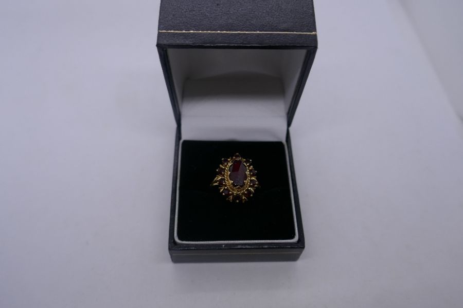 18ct yellow gold garnet cluster ring with large central garnet, size M, 7.5g approx, marked indistin - Image 3 of 3