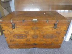 An antique Burmese marriage cabinet hardwood, possibly teak, chest having fitted interior with carve