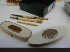 Two Georgian ivory tooth pick holders and other small items