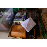 Box containing five horse racing books, two signed Michael church books, two pairs of binoculars, We