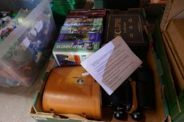 Box containing five horse racing books, two signed Michael church books, two pairs of binoculars, We
