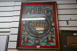 A framed/glazed silk picture of Buddhas