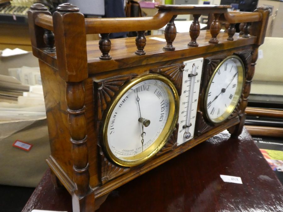 An early 20th century, clock barometer and thermometer set in carved wooden case with balustrade - Image 2 of 6