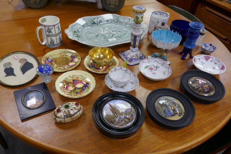 A 19th century Royal Worcester dish on Dolphin supports, 3 old pot lids and sundry
