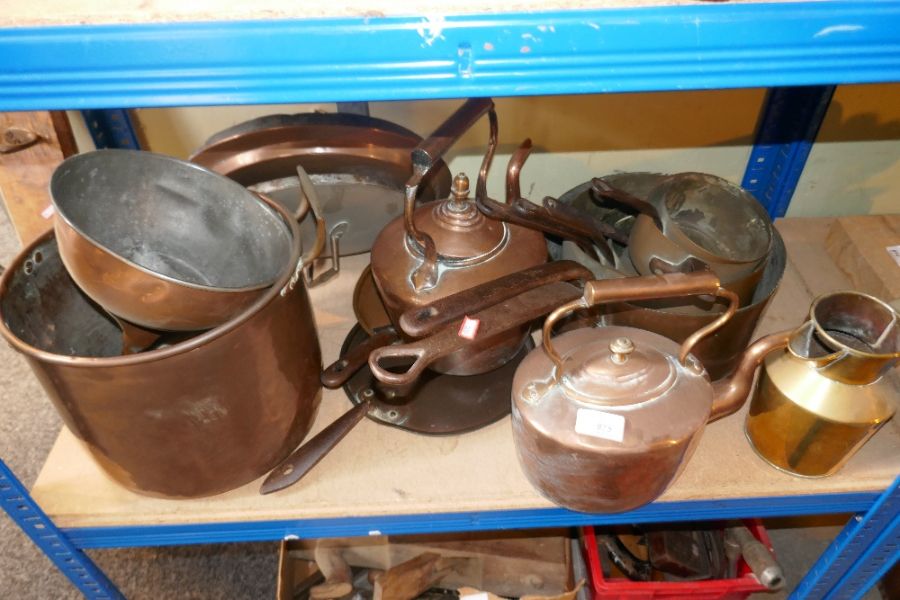 Large selection of vintage copperware including kettles, saucepans, etc