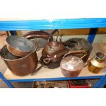 Large selection of vintage copperware including kettles, saucepans, etc