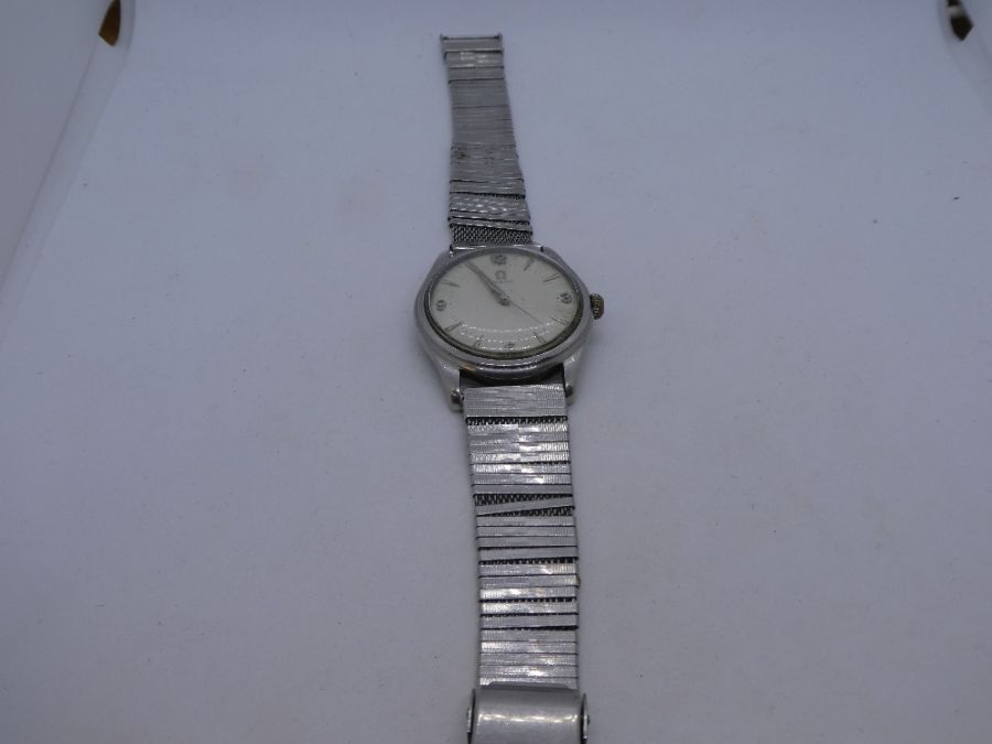 Vintage stainless steel gents 'Omega' wristwatch, AF, winder comes off and does not wind, surface sc
