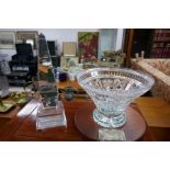 A large Waterford glass fruit bowl on mahogany and glass obelisk (engraved)