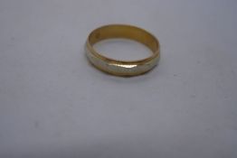 Gold two tone wedding band, marks worn, size U, approx 3.5g
