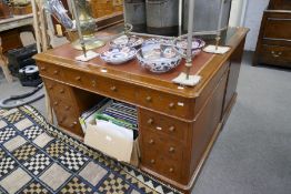 A good quality Victorian oak twin pedestal desk, mahogany lined with 9 drawers, 121cm