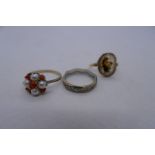 9ct Coral and pearl dress ring, 9ct gold clear stone eternity ring and a yellow metal silhouette aga