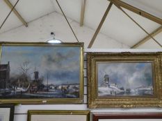 Two modern, Dutch style oils of figures in wintery scenes, one signed, the largest 90 x 59.5cm