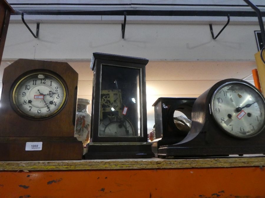 A mahogany cased mantle clock and 1930's oak example and two other clock cases - Image 10 of 10