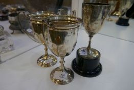 A pair of silver trophy cups with half reeded design and two handles, standing on a raised pedestal