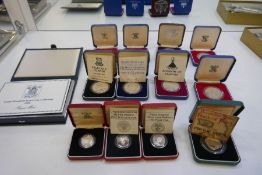 Three Silver proof coins including two piedfort examples. Also including Falklands Islands Silver Co