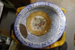 Two boxes of mixed china to include blue and white and collection of hardwood jardiniere stands