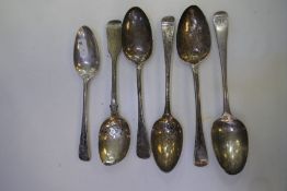 A quantity of five Georgian silver serving spoons, and one early Victorian silver serving spoon. Mak