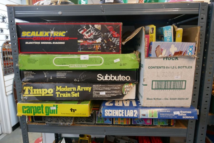 Selection of vintage games including Subbuteo, Scalextric, Timpo Train Set etc